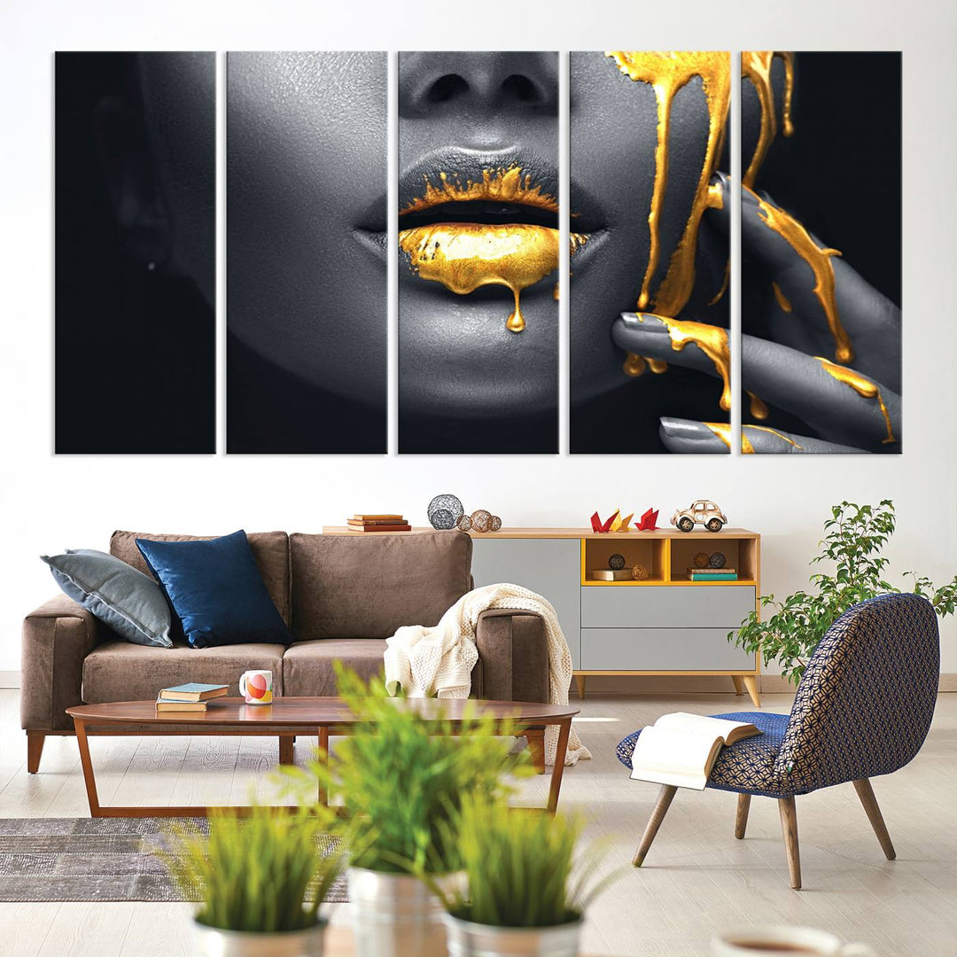 The Gold Lips and Black Woman Makeup Canvas Print features a chic monochrome face design, making it ideal for a modern dining room.