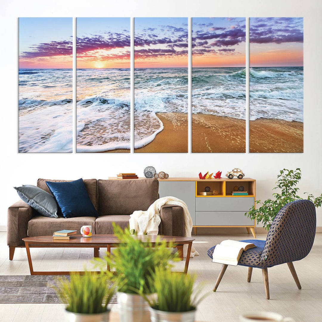 The Tropical Beach Waves Art Print, depicting an ocean sunset and sandy shore, enriches the coastal decor of the dining area.