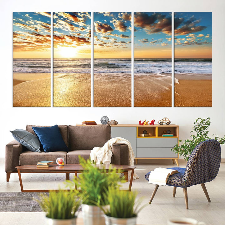 A gallery-wrapped canvas titled Soothing Sunset on Calm Beach is featured.