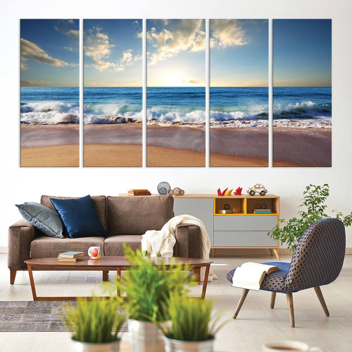 The dining room features a Coastal Tropical Beach Sunset canvas wall art.