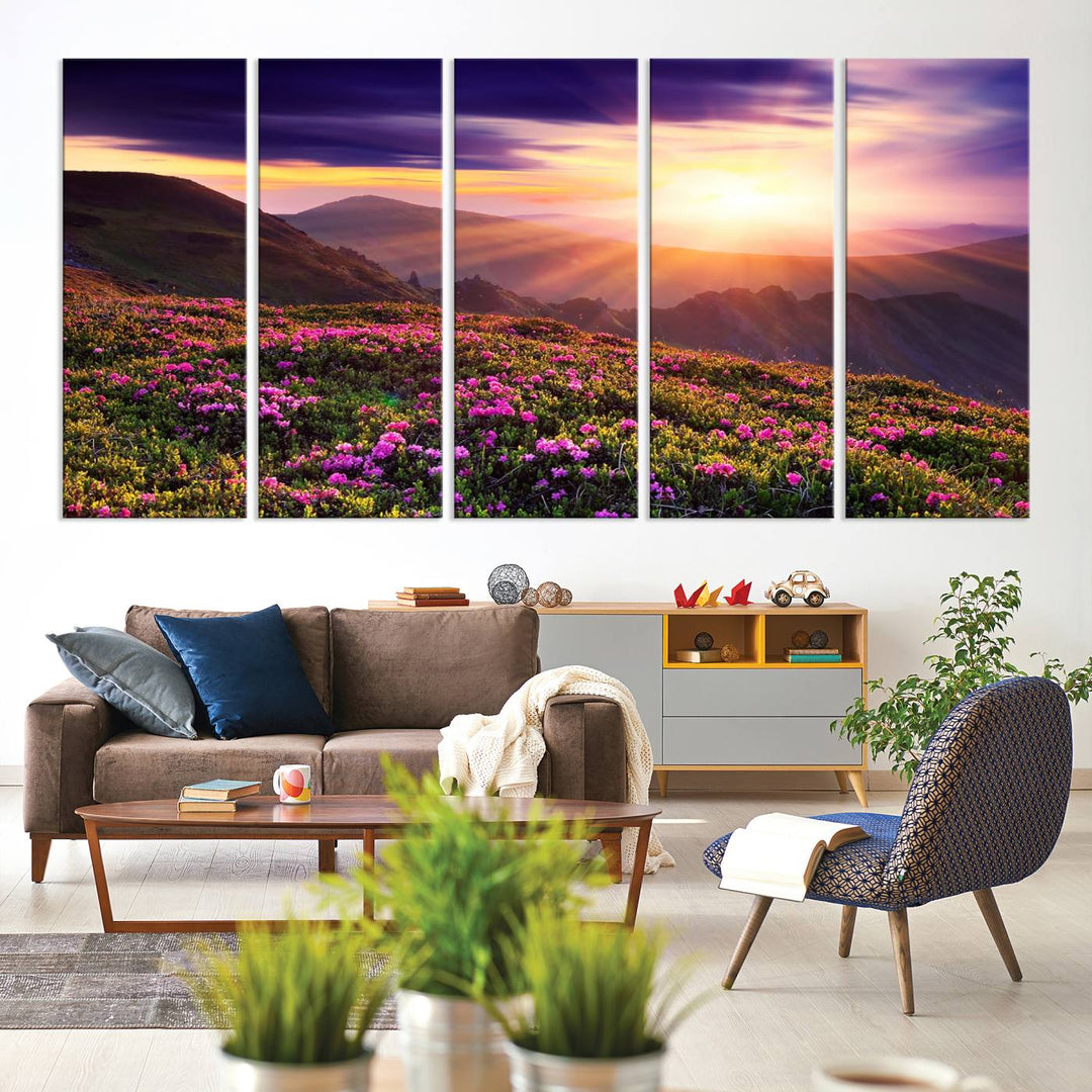 Gallery-wrapped wall art of a stunning mountain sunset and purple flowers.