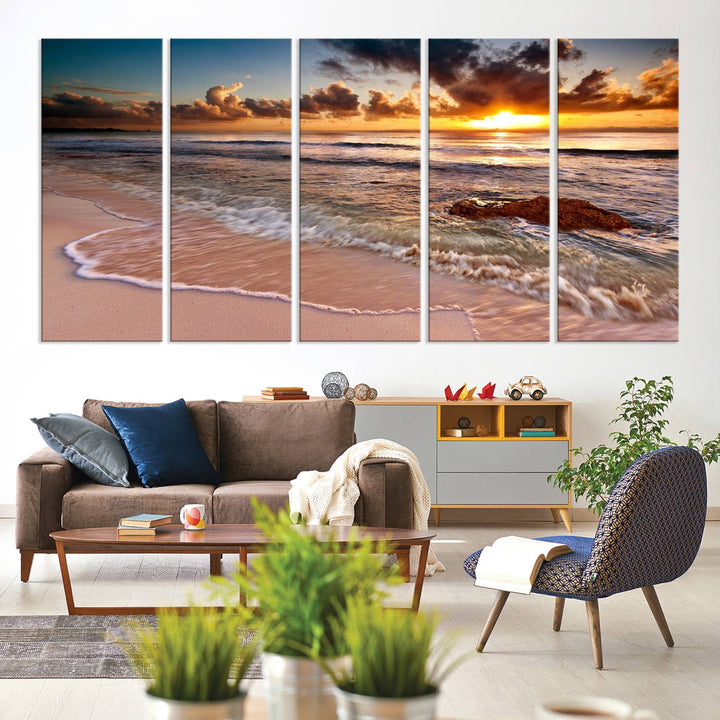 The Sunset on Ocean Wall Art Canvas Print beautifully captures a beach sunset, gentle waves, and a peaceful atmosphere.