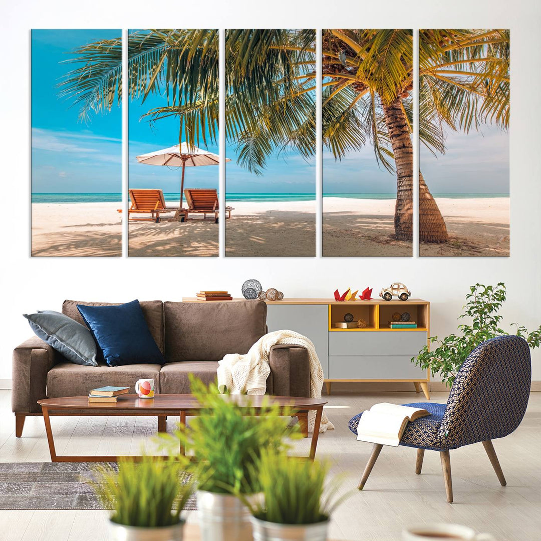 The 3-panel Tropical Beach Wall Art features palm trees and sun loungers, perfect for coastal decor.