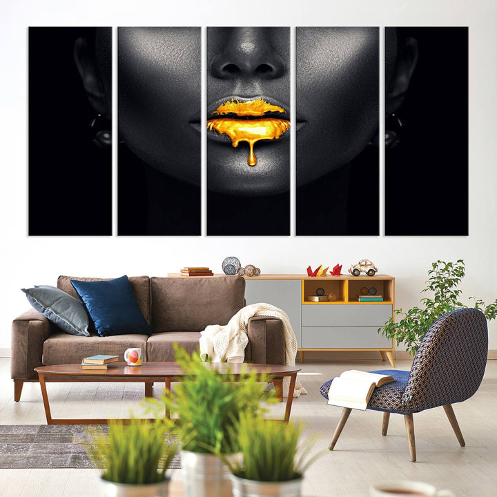 The Honey Gold Lips and Black Woman Photograph canvas print adds a striking touch to the room.