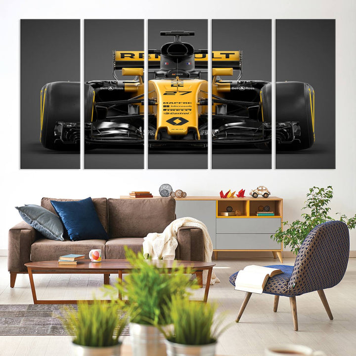 A yellow and black F1 Renault car canvas print with free shipping.