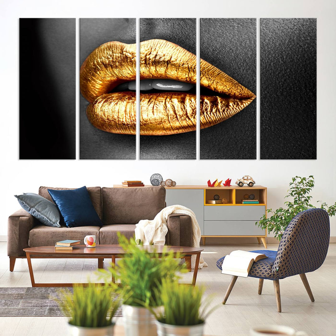 The Gold Lips Canvas Wall Art on a black background is showcased.