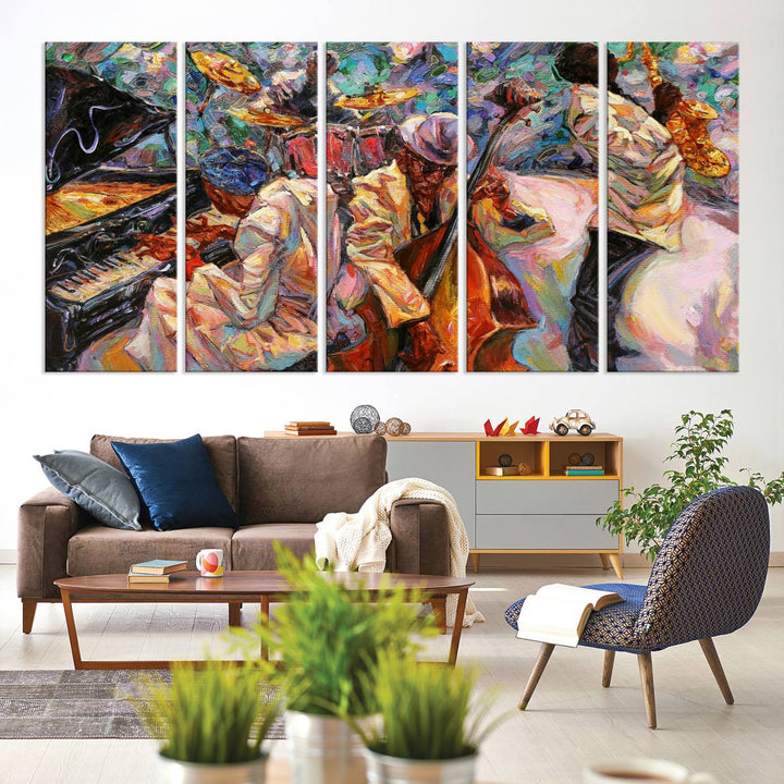 The wall features an African American Jazz Art Music Abstract Painting on Canvas.