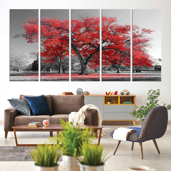 A Red Autumn Tree Canvas Wall Art Print of red leaves.