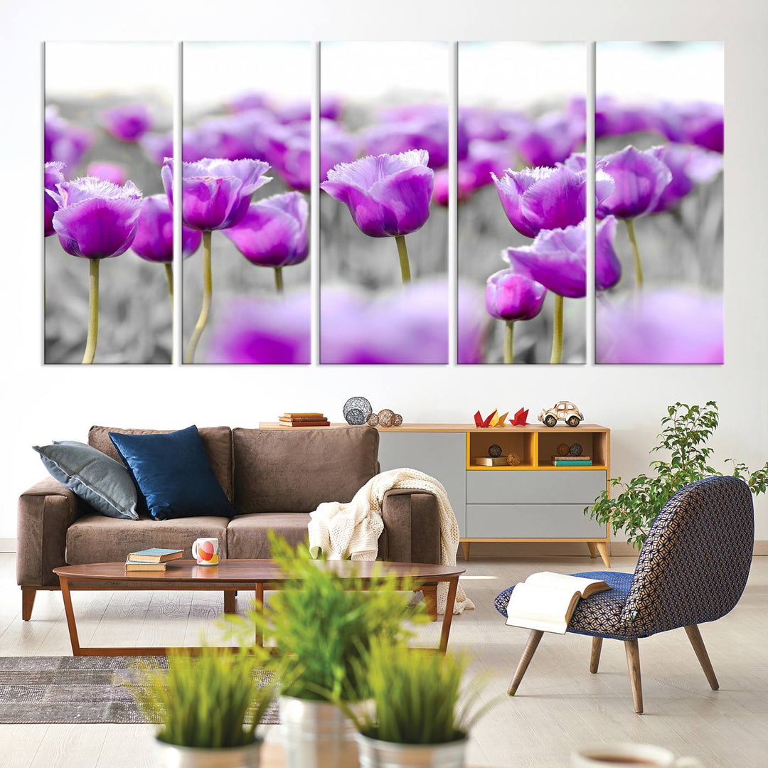 A gallery-wrapped Tulip Fields canvas wall art in a vivid purple hue.