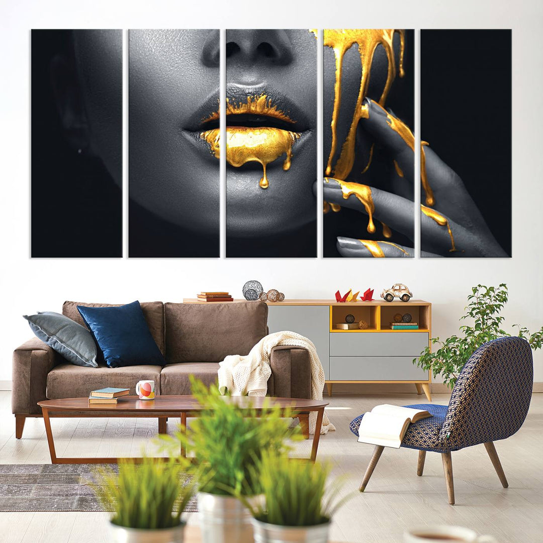 Above the dining area is the Gold Glitter Lips Fashion Makeup canvas wall art.