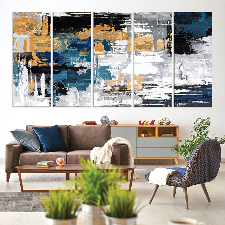 Blue and Gold Abstract Canvas Wall Art hangs prominently.