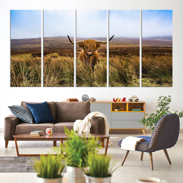 A Scottish Highland Cow art print canvas with UV-protection adorns the wall, preserving vivid details.