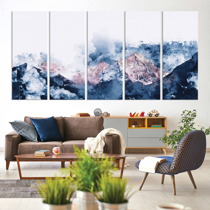 A modern kitchen showcases an Abstract Watercolor Mountain Landscape Art Canvas Print.