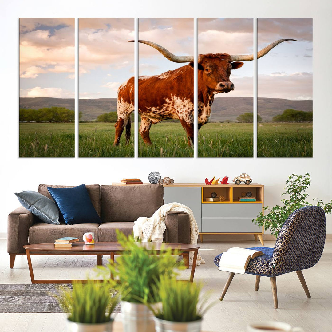 The Texas Cow Canvas Wall Art print captures a longhorn cow at sunset and is ready to hang.