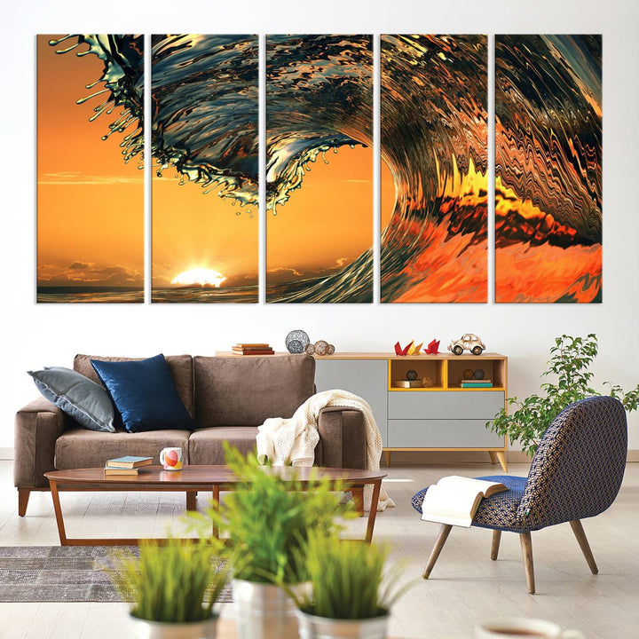 The Ocean Wave With Perfect Sunset canvas wall art adds a striking focal point to the room.