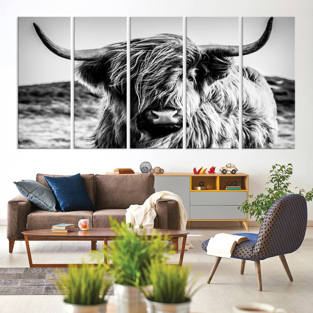 A Black and White Scottish Cow Canvas Print adorns the kitchen wall, perfect for farmhouse decor.