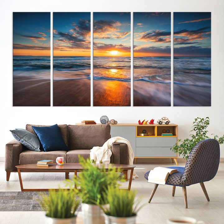 A museum-quality Beautiful Sunset over the Horizon canvas adorns the living room wall.