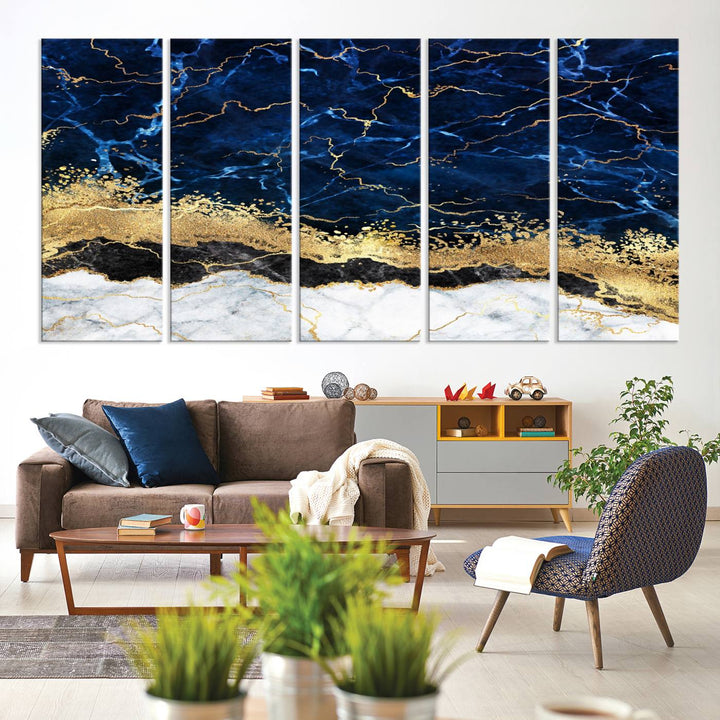 Navy Blue Marble Fluid Effect Canvas Wall Art, featuring a gold and white abstract design, adds a finishing touch to your modern kitchen decor.