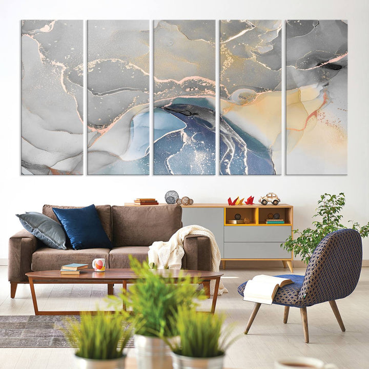 Gray Marble Fluid Effect Abstract Canvas with swirls of gray, gold, and blue.