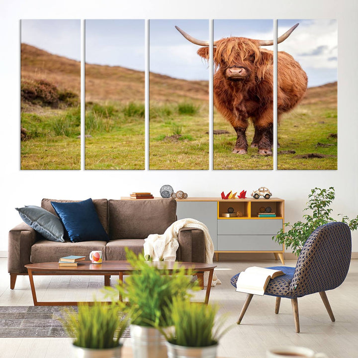 A Highland Cow Animal Canvas Wall Art hangs on the wall, adding warmth to the room.