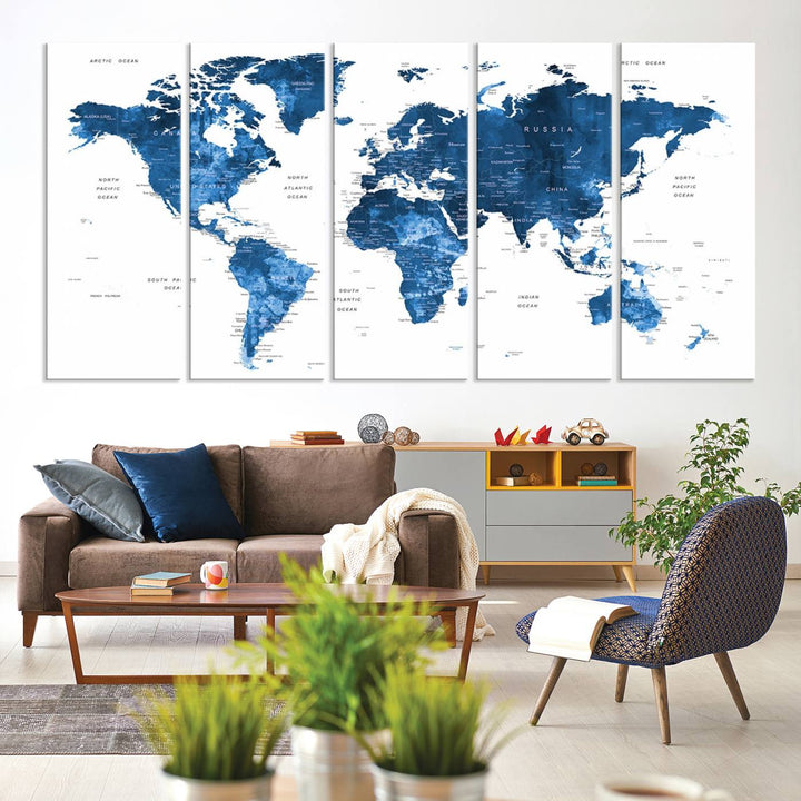 Navy Blue Wall Art World Map Canvas Print, an ideal piece for anyone seeking unique home or office decor.