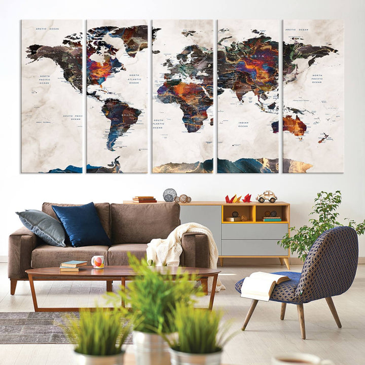 Watercolor World Map Canvas Print in earthy hues with a grunge background, ideal for wall decor.