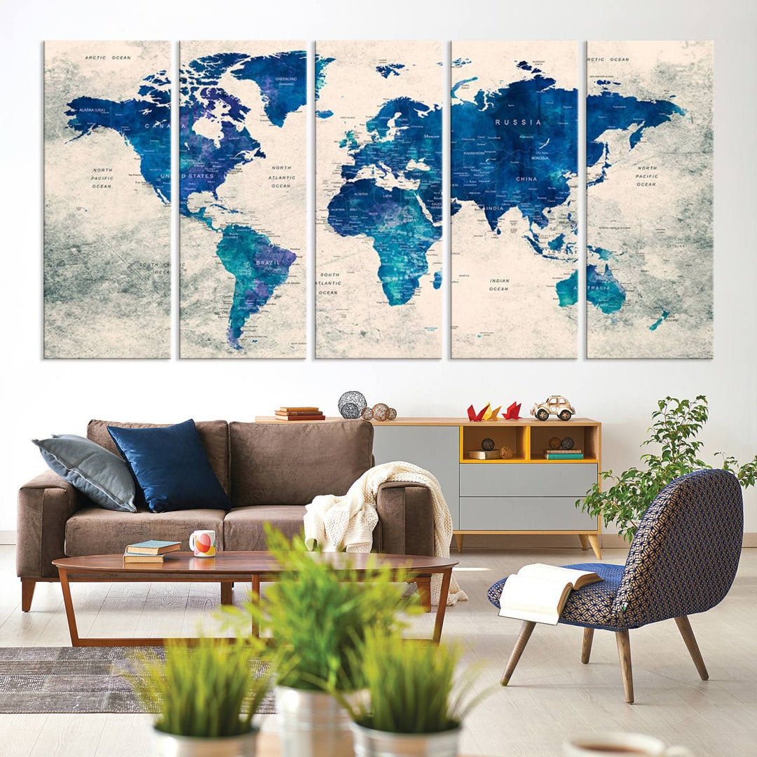 Navy Blue Push Pin World Map Canvas Print featuring a grunge-stained background, with labeled countries and oceans.