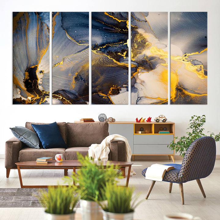 Large Abstract Wall Art Print - Gold and Blue Abstract Canvas Wall Art | Fluid Ink Modern Luxury Wall Decor for Living Room Decor