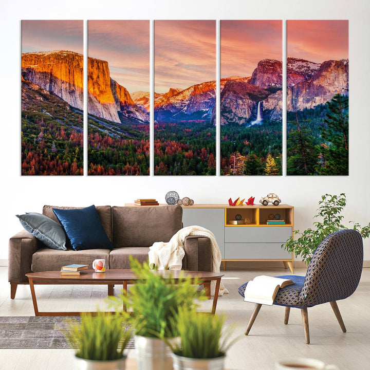 An El Capitan Yosemite Canvas showcasing a sunset over a mountain valley.