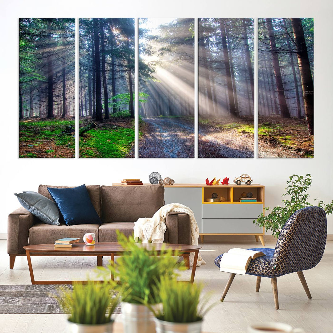 The dining area features a 3-panel Forest Path Canvas showcasing sun rays filtering through a misty forest.