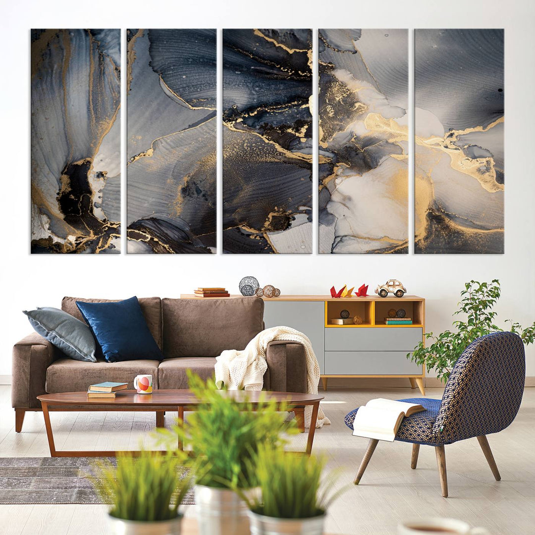 A Modern Marble Fluid Effect Abstract Wall Art with black, white, and gold swirls hangs in a modern kitchen.