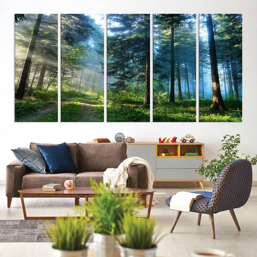 Enhancing the space is the Forest Sun Shine wall art canvas print, showcasing a serene forest scene.