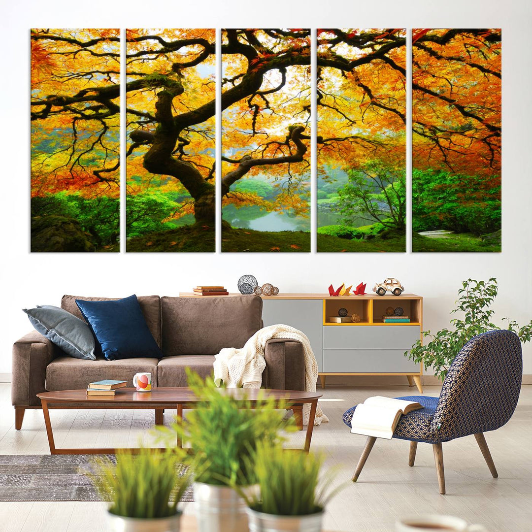 The Portland Japanese Maple Tree Canvas adds elegance to a modern living room.