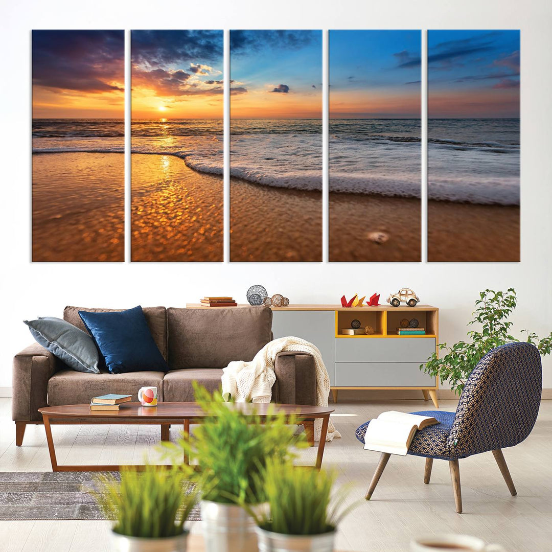 The Golden Sunset Beach Waves Triptych adds a modern coastal touch with its stunning seascape.