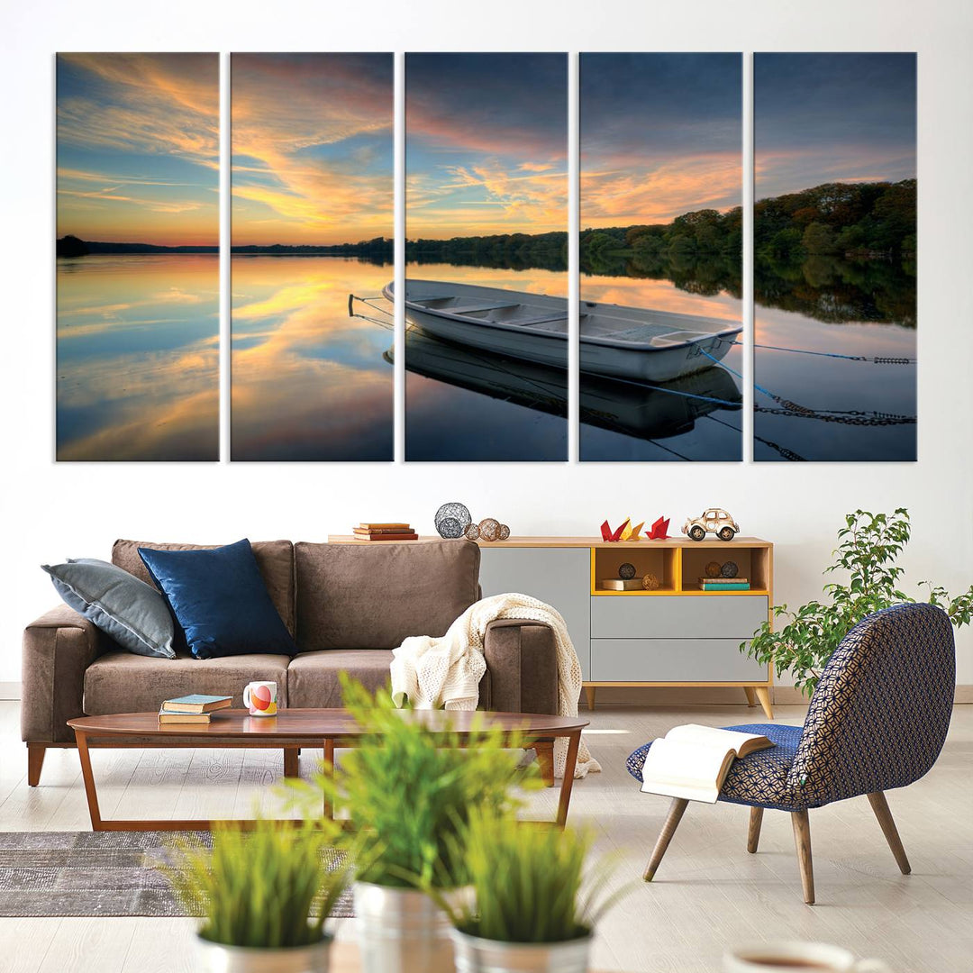 Serene Rowboat on Calm Lake Triptych Canvas Art, Giclee Wall Art of Peaceful Sunset Reflections, Tranquil Landscape Wall Art for Home or Office