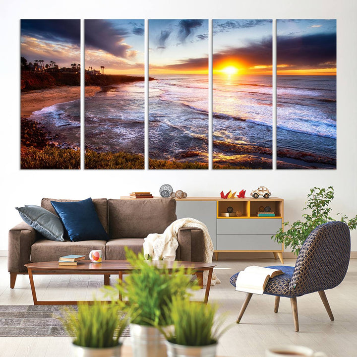 California Coastline Sunset Canvas Art, Ocean Waves Crashing on Cliffs, Giclee Canvas Print for Beach House Decor