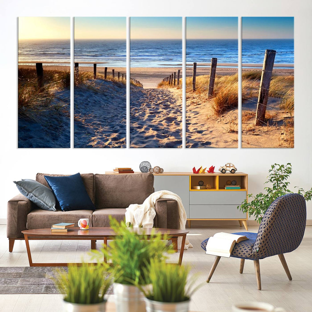 Tropical Beach Sunset Canvas Art, Ocean Waves and Sandy Shoreline Wall Art, Large Beach Decor for Coastal Homes