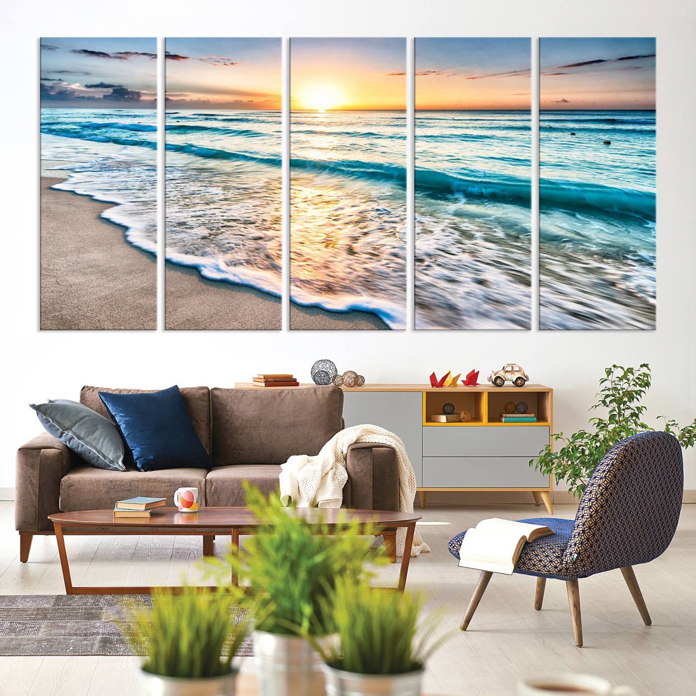 27815-MGV-CV-80X40-5P-Sunset Beach Waves Canvas Wall Art – 5-Panel Ocean Sunset Print – Coastal Decor for Living Room or Bedroom – Ready to Hang