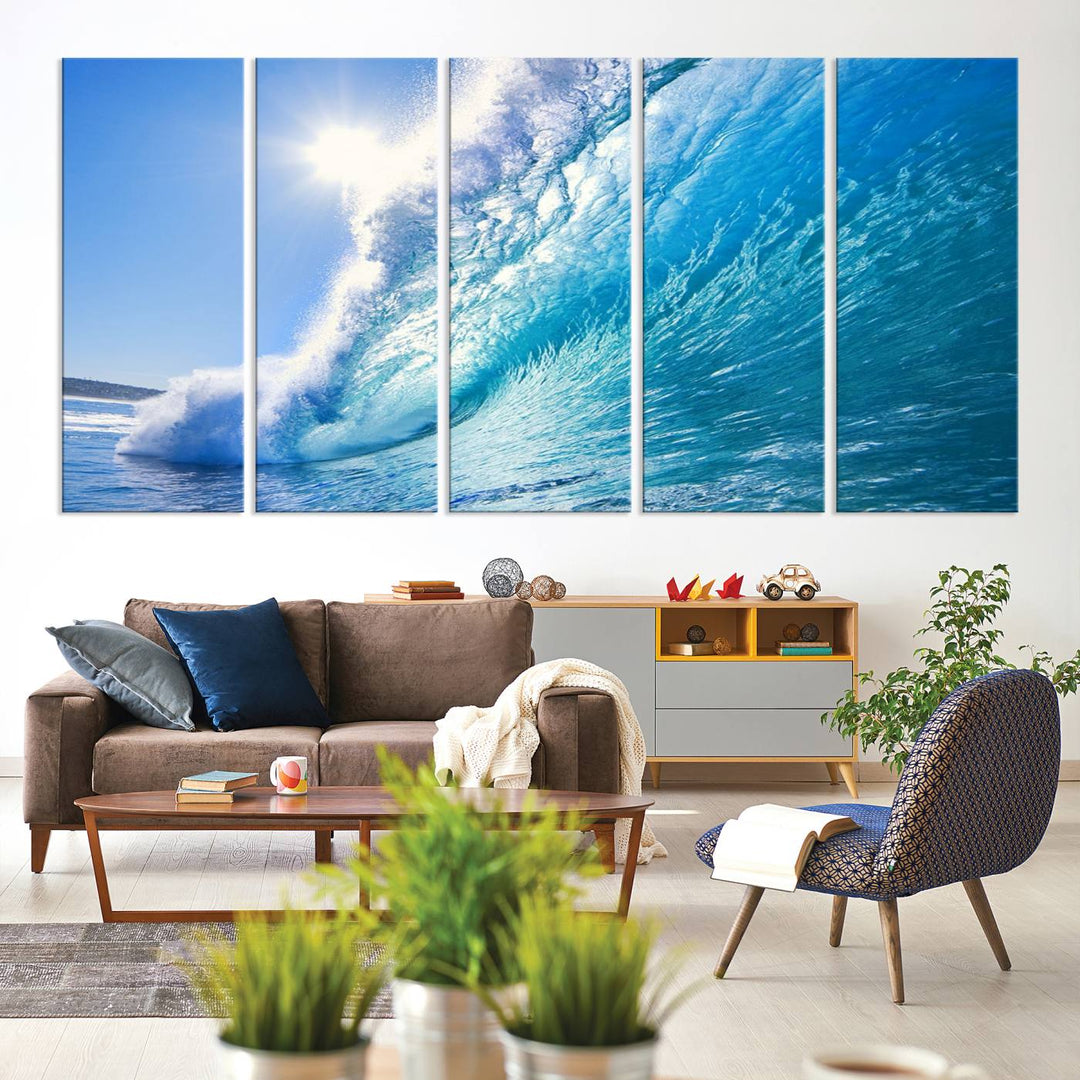 Blue Big Wave Surfing Ocean Canvas Wall Art Artwork Print , Surf Wall Art, Sea Wall Art