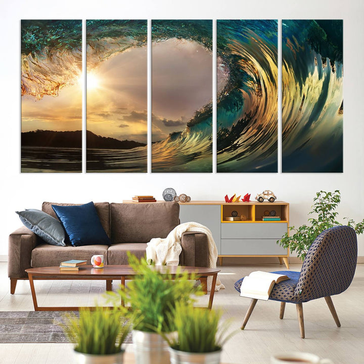 Golden Wave Sunset Giclee Canvas Print – Large Coastal Wall Art for Nature Lovers, Captivating Ocean Wave Decor