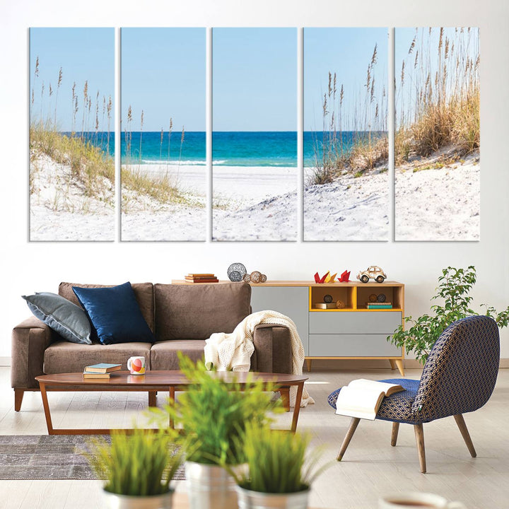 Serene Coastal Dune Path with Ocean View, 3-Panel Beach Canvas Art; tranquil seascape for coastal decor.