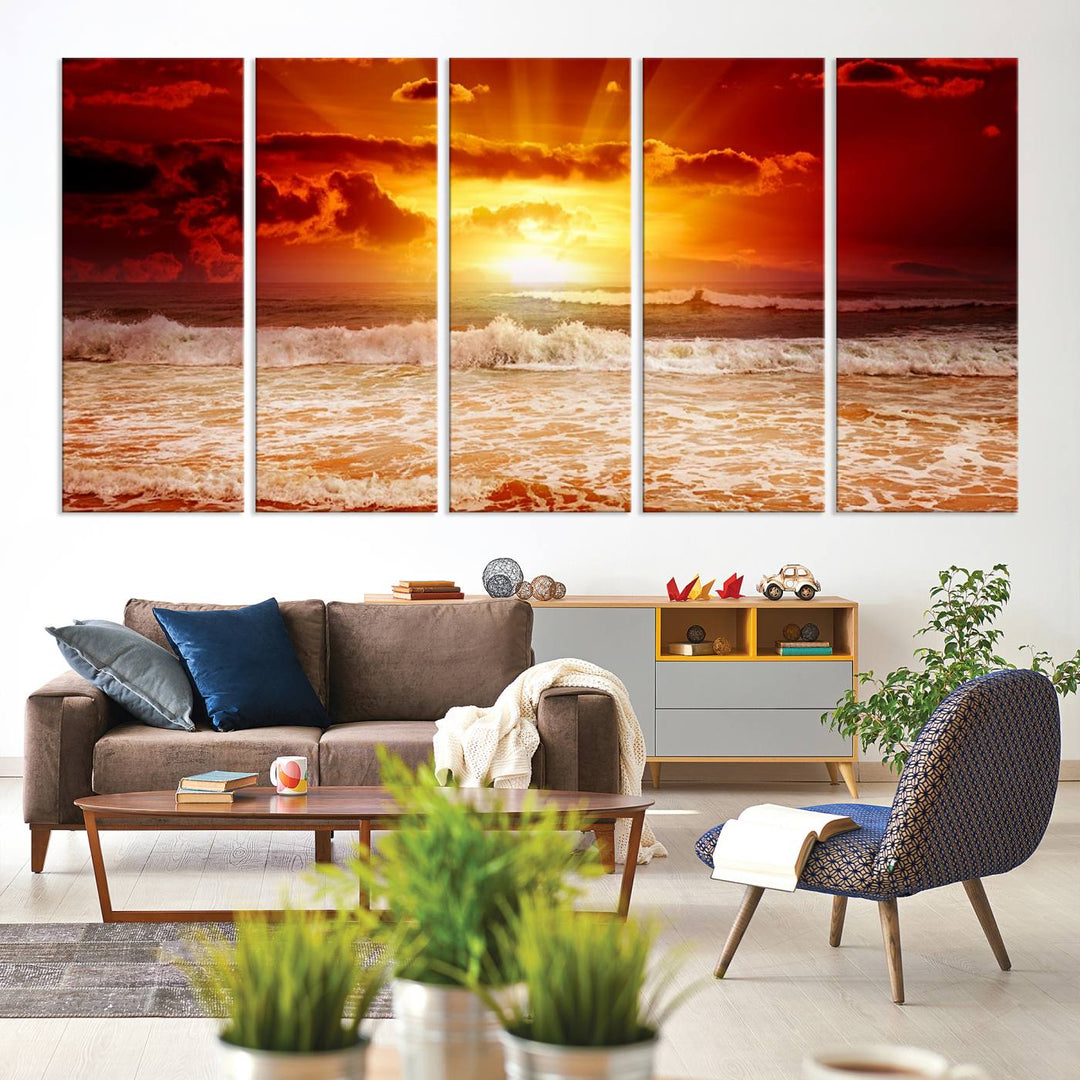 The Red Sunset Ocean Beach Canvas depicts ocean waves.