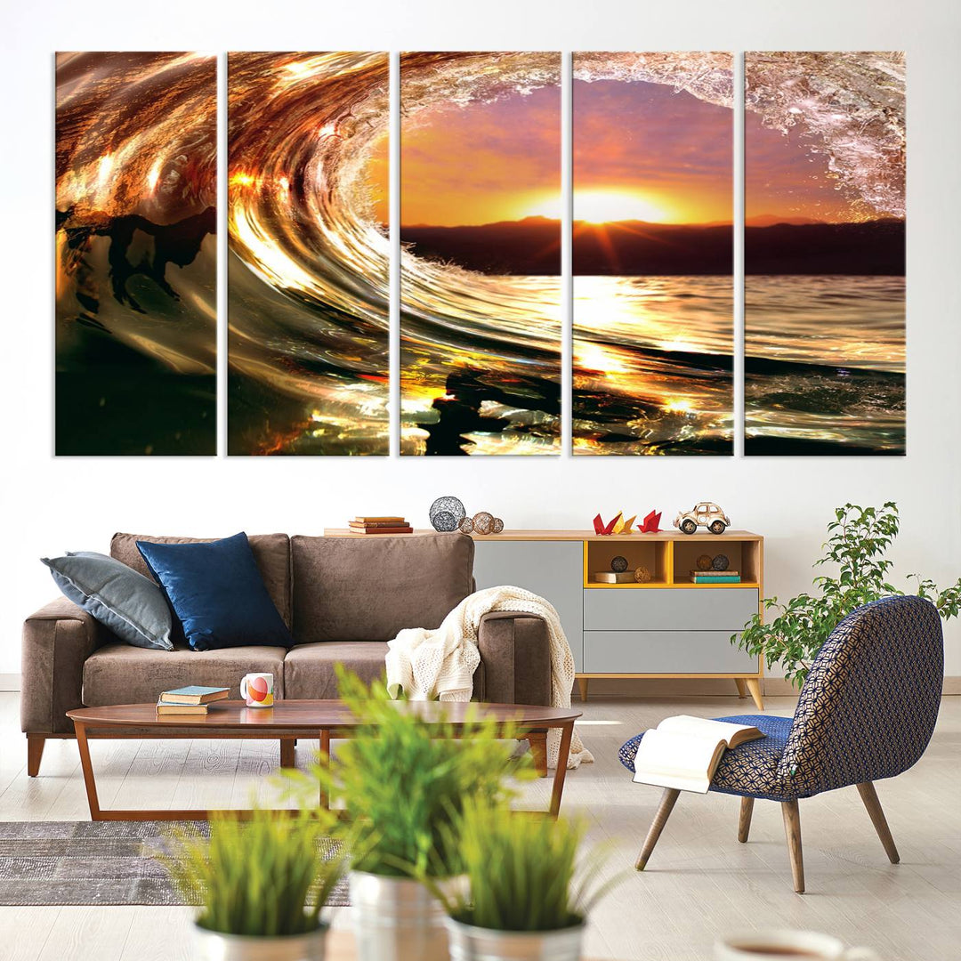 The Golden Wave Sunset Triptych Canvas Art showcases an ocean wave at sunset, casting warm light.