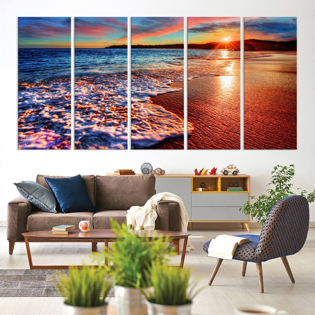 The Colorful Coastal Sunset on the Beach canvas print portrays ocean waves at dusk.