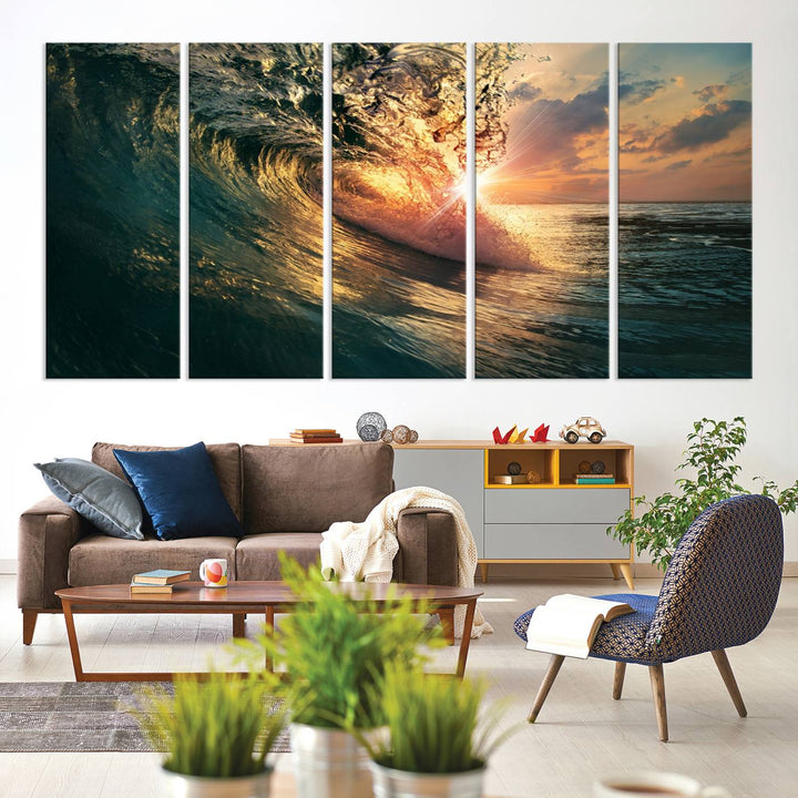 A triptych seascape titled Ocean Wave Sunset Canvas, featuring a stunning ocean view at sunset, is beautifully framed and ready to hang.