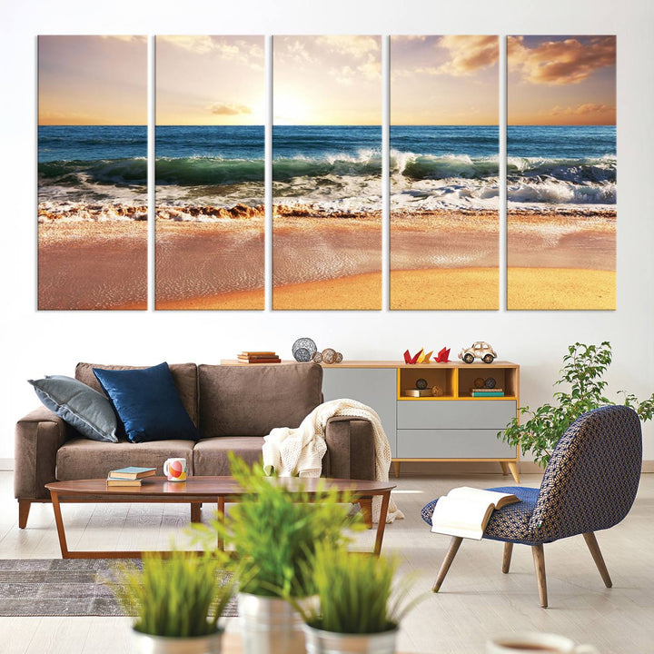 The wall features a Canon-quality Serene Beach Path canvas giclee print, depicting coastal dunes.