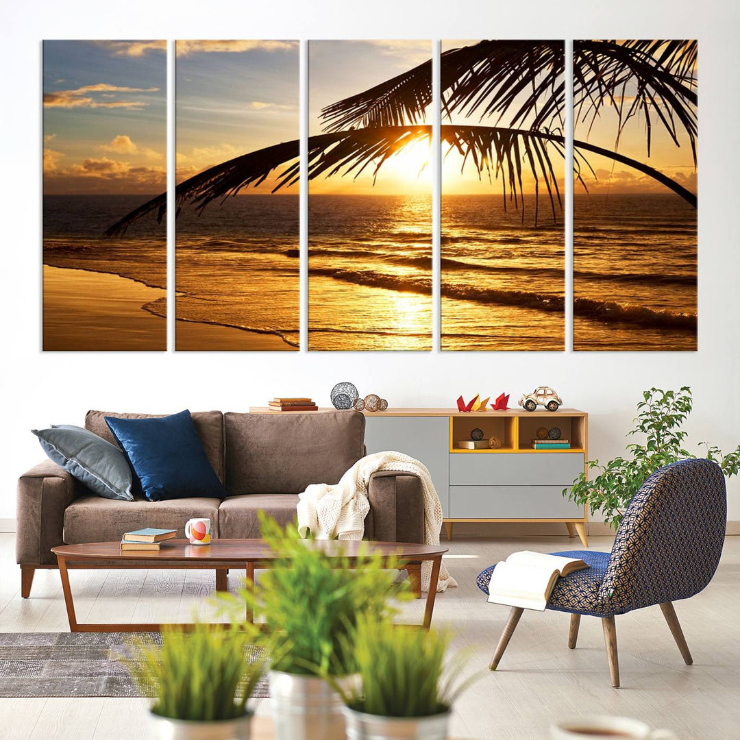 Golden Tropical Beach Sunset Canvas Triptych: Coastal Palm Art & Giclee Print with Gallery Wrap, capturing golden waves.