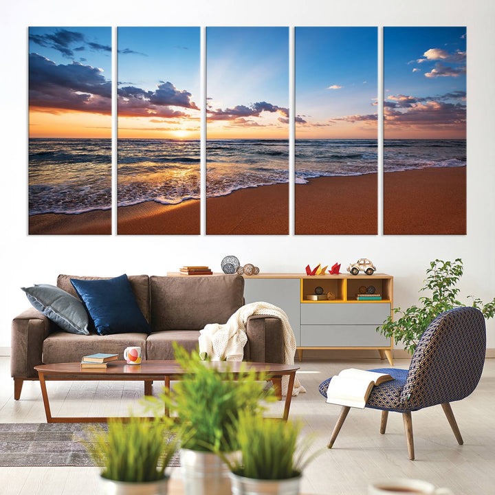 The "Serene Ocean Sunset Canvas Print, Golden Hour Beach Wall Art" offers a captivating view from a sandy beach, where sunlight reflects on the water amidst clouds in a blue sky. This piece, created with Giclee canvas and gallery wrap featuring Canon print quality, brings tranquility and an ideal enhancement to coastal interiors.