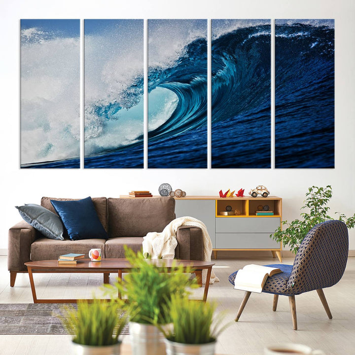 Ocean Wave at Sunset Canvas Art, Large Wall Print of Vibrant Water Waves, Coastal Art for Living Room and Dining Room Decor