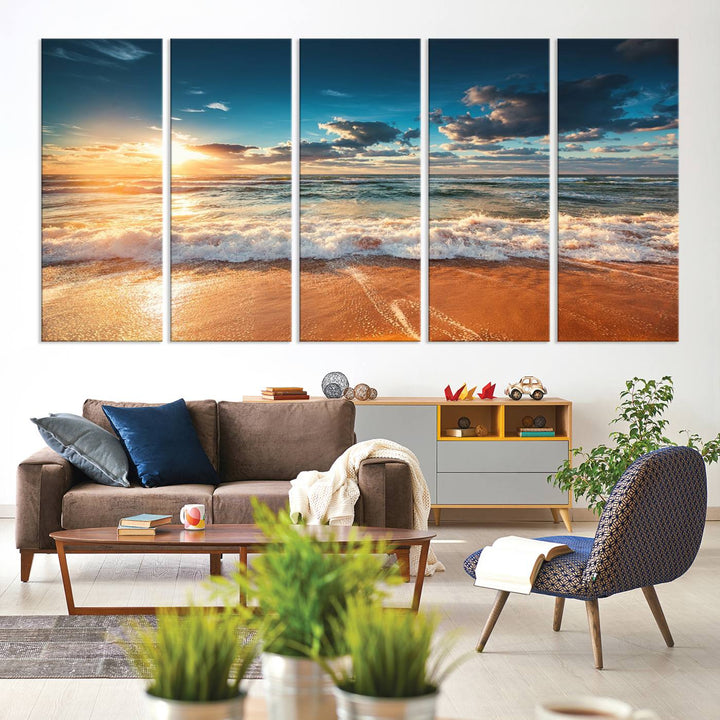 A Golden Sunset Beach Triptych Canvas Art hangs on a white wall.